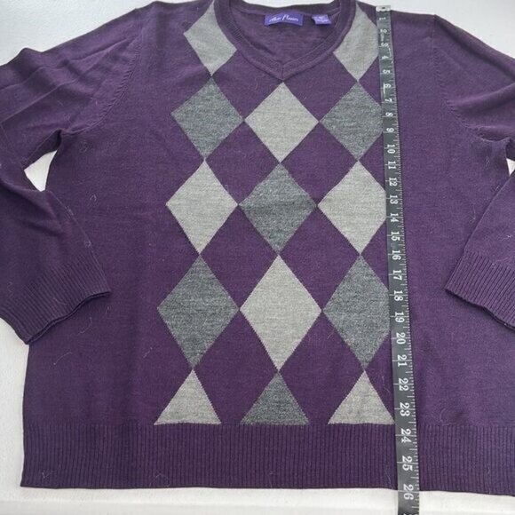 Alan Flusser Purple Argyle Sweater Merino Wool Long Sleeve V-Neck Relaxed L - Picture 7 of 8